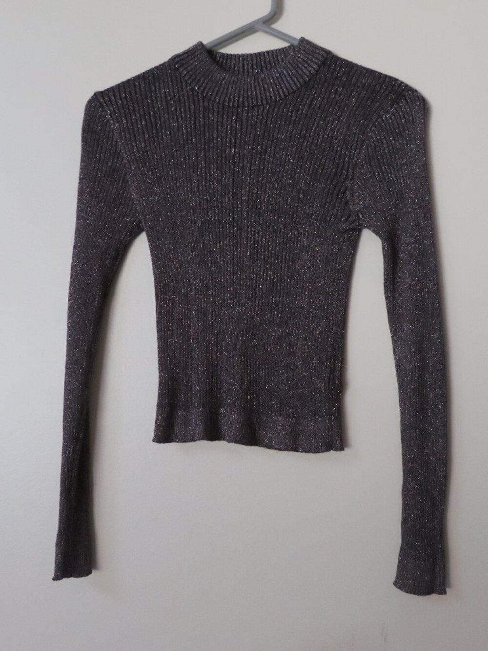 Pink Sparkly Glitter Ribbed Long Sleeve Mock Neck Top size Small New Years